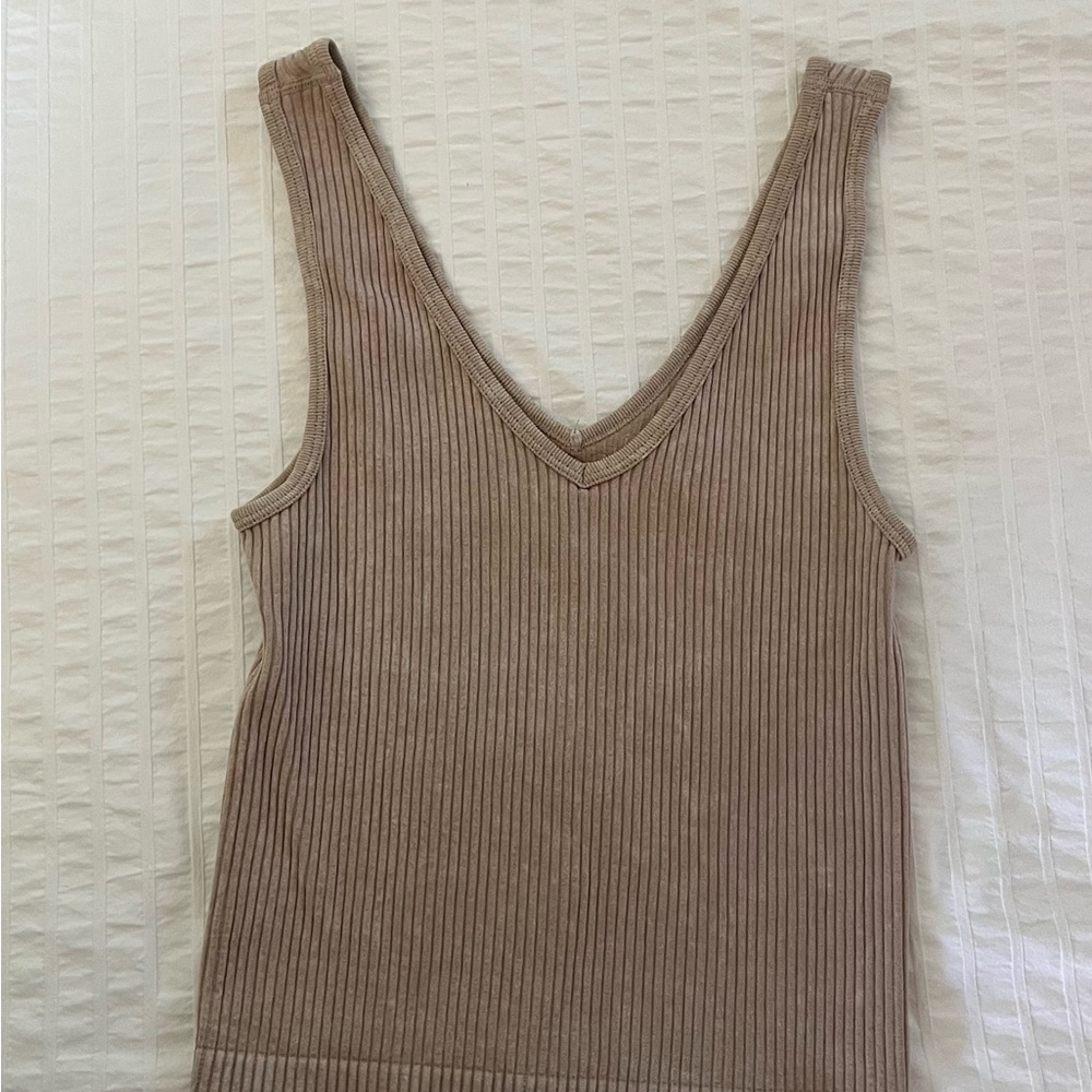 Tan Ribbed Fitted Tank Top
